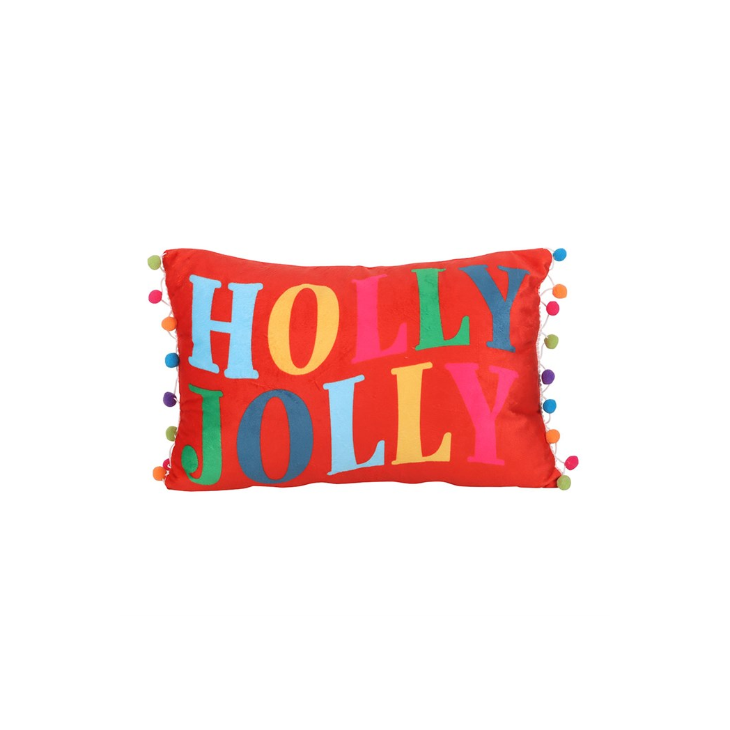 Red Holly Jolly Cushion with Pom Poms