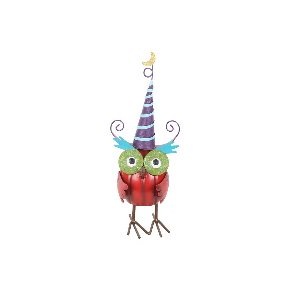 Red Metal Owl Ornament with Witch Hat