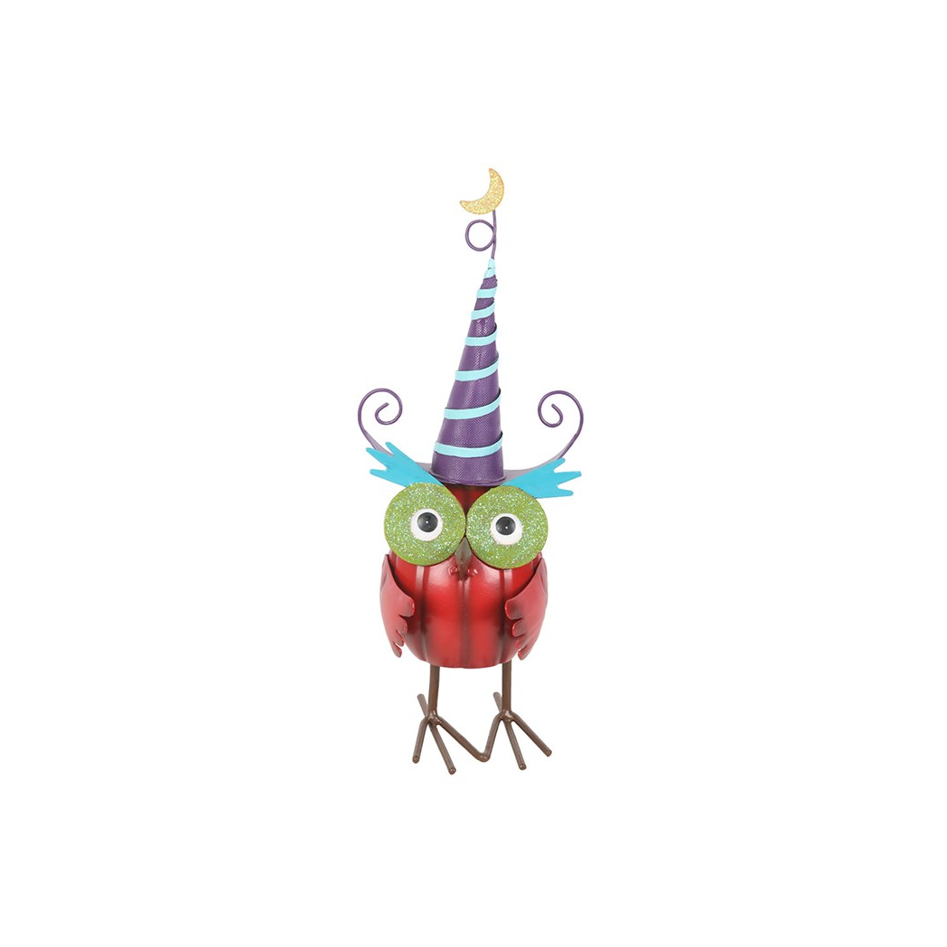 Red Metal Owl Ornament with Witch Hat