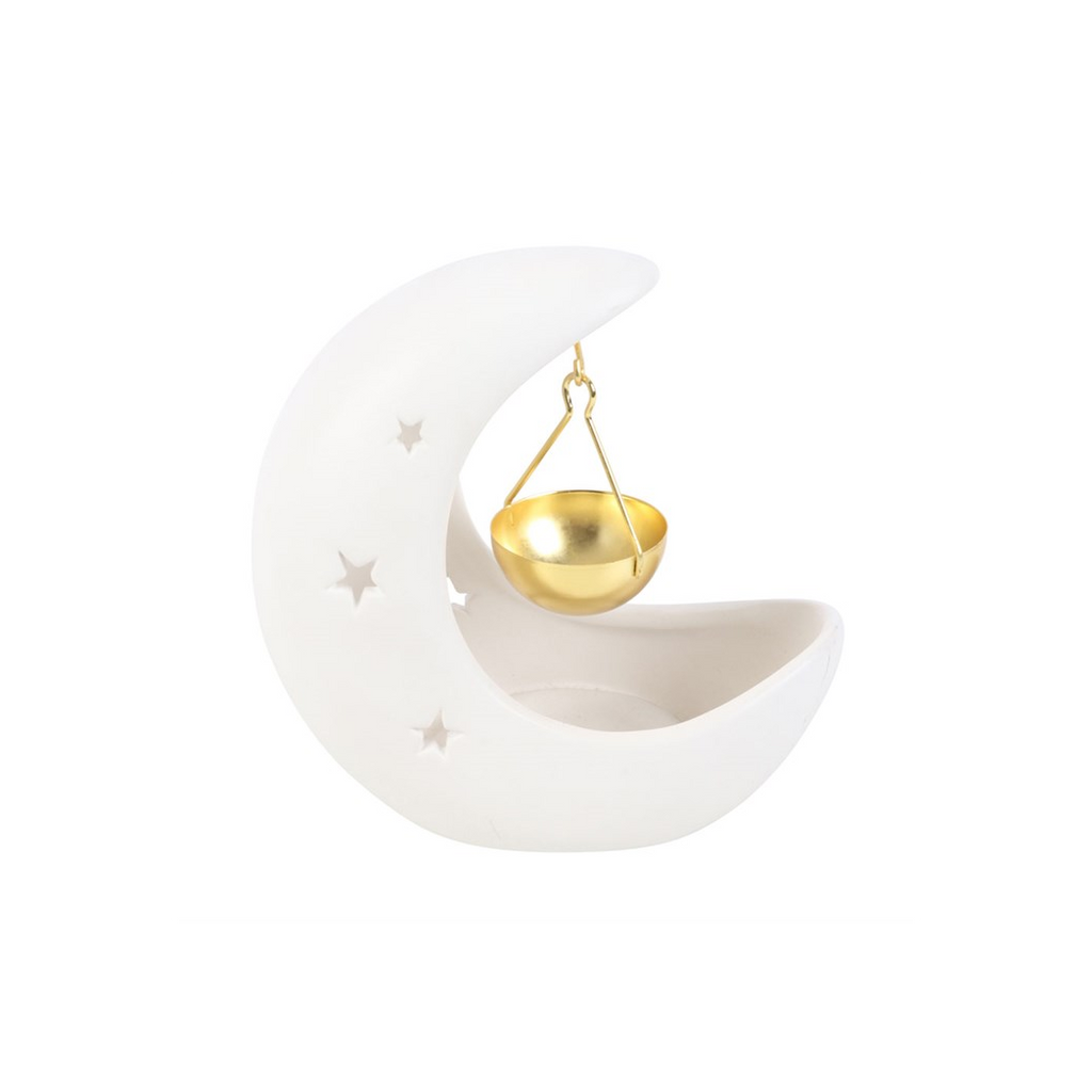 White Crescent Moon Oil Burner with Gold Dish