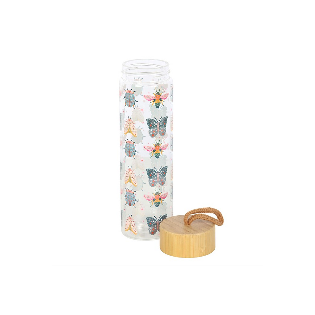 Floral Bug Print Glass Water Bottle