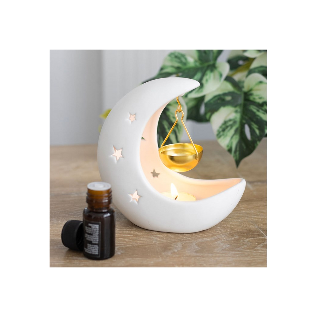 White Crescent Moon Oil Burner with Gold Dish