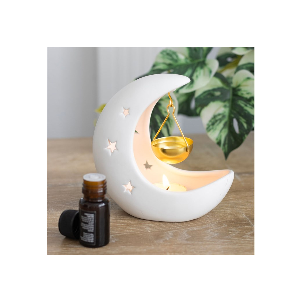 White Crescent Moon Oil Burner with Gold Dish