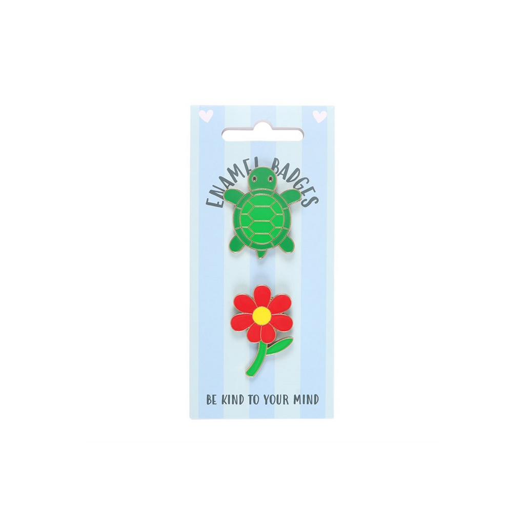 Set of 2 Turtle and Flower Pin Badges