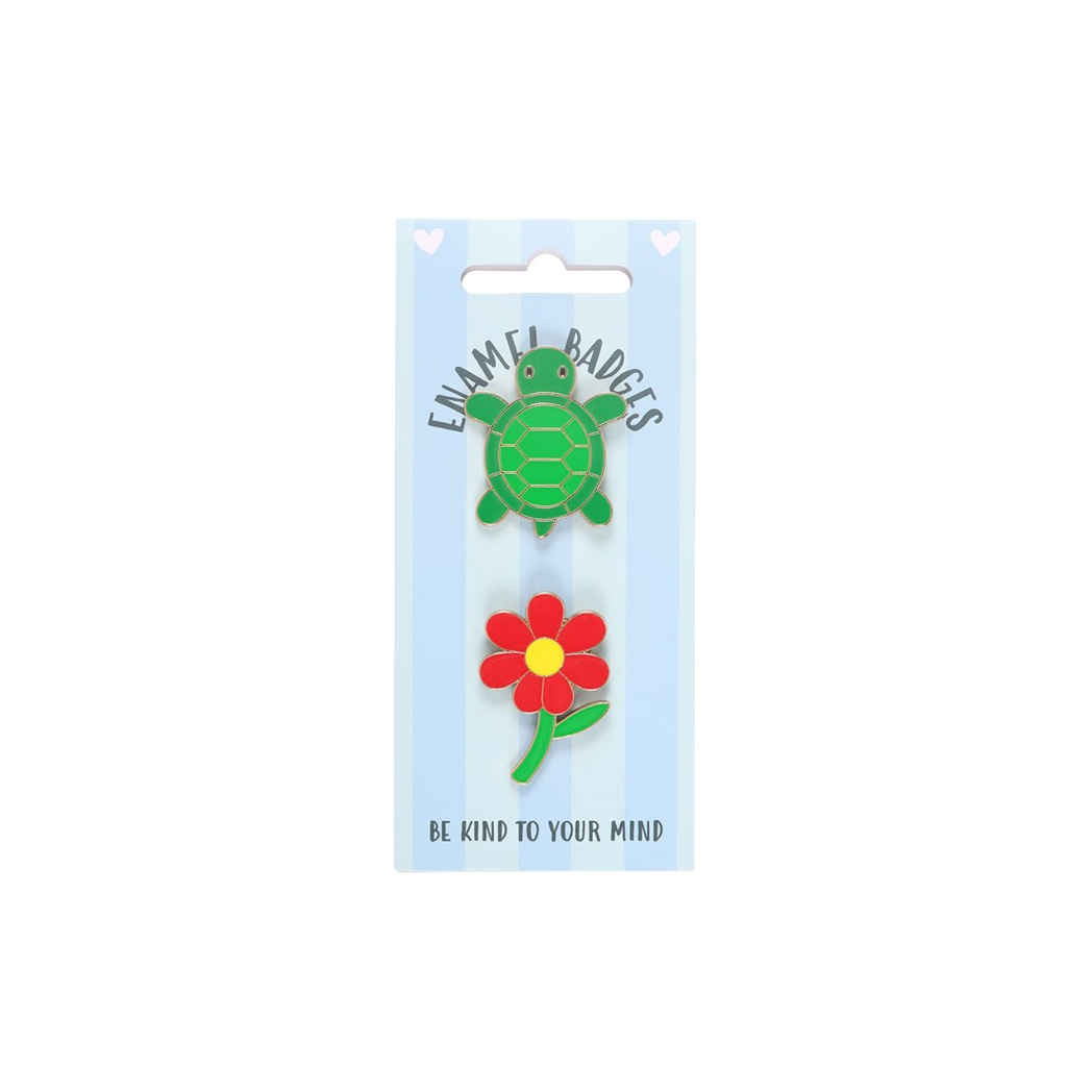 Set of 2 Turtle and Flower Pin Badges