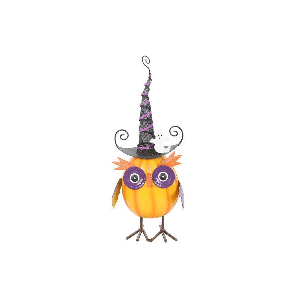 Orange Metal Owl Ornament with Witch Hat and Ghost