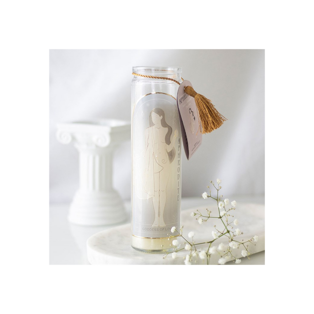 Aphrodite Goddess Tube Candle with Rose Quartz Crystals