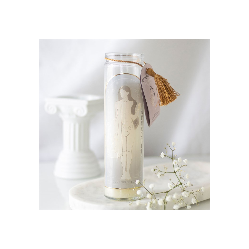 Aphrodite Goddess Tube Candle with Rose Quartz Crystals