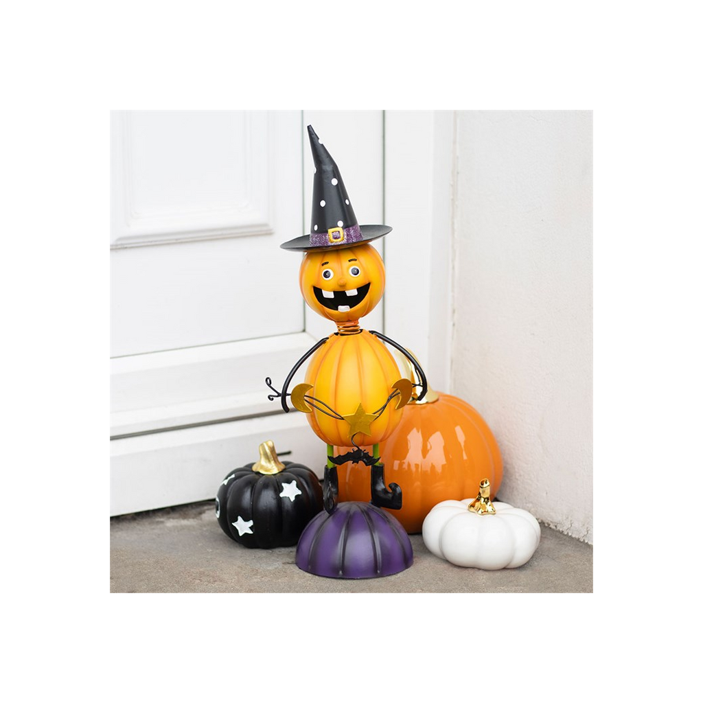 Orange Metal Pumpkin Man Ornament with Witch Hat