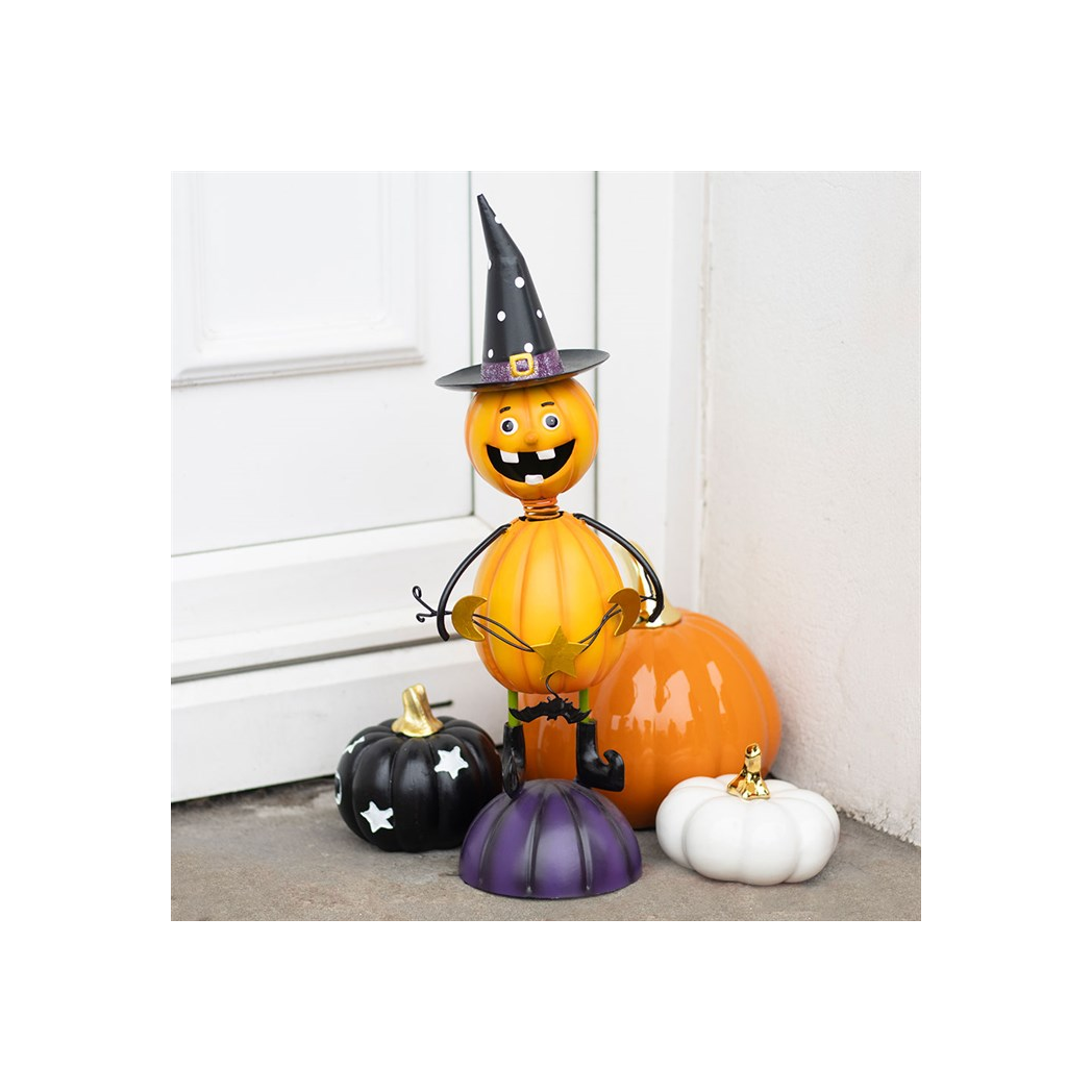 Orange Metal Pumpkin Man Ornament with Witch Hat