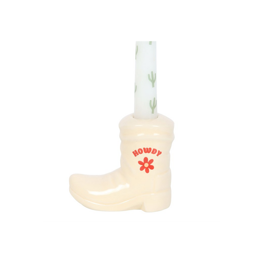White Cowboy Boot Candle Holder with Taper Candle