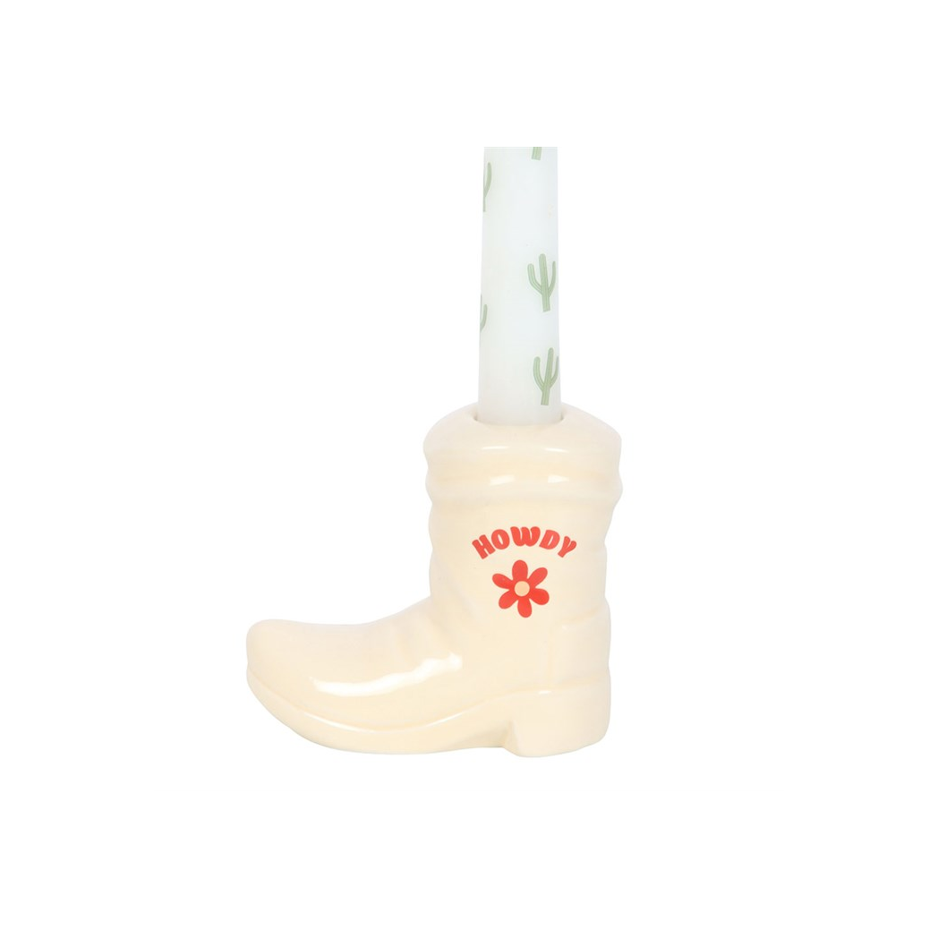 White Cowboy Boot Candle Holder with Taper Candle