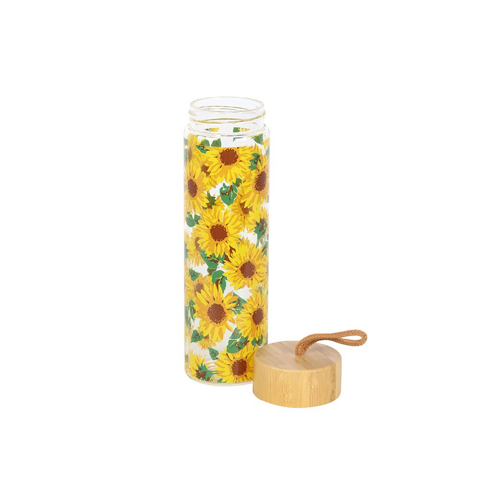 Sunflower Print Glass Water Bottle