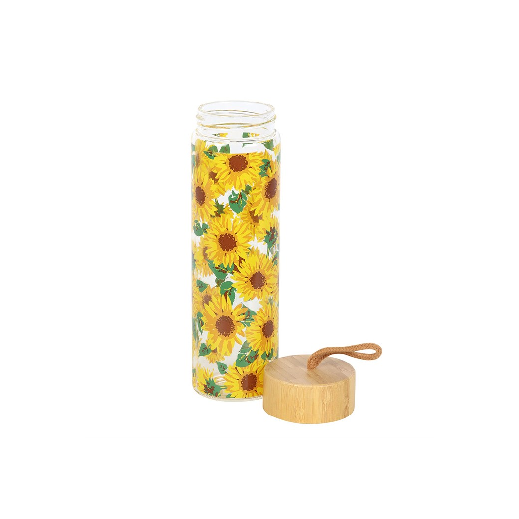 Sunflower Print Glass Water Bottle