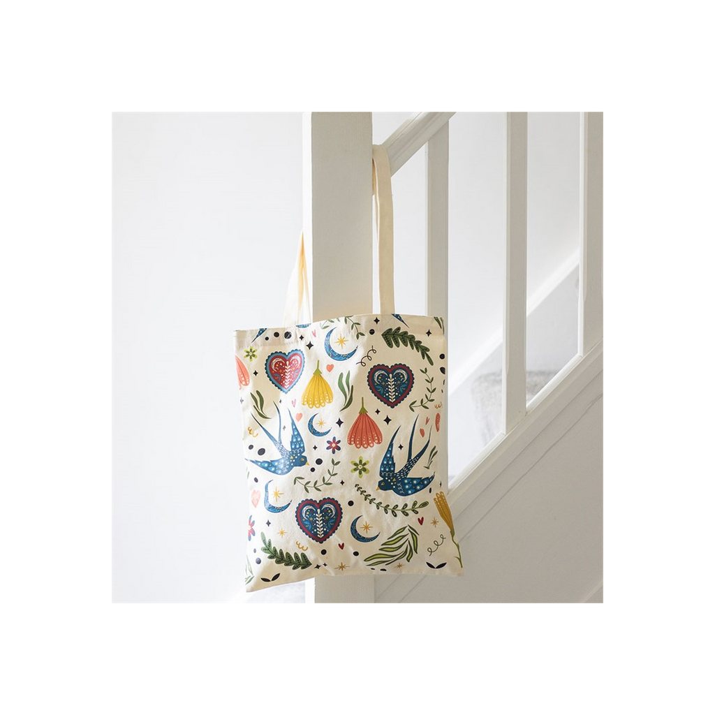 Cream Folk Print Polycotton Tote Bag
