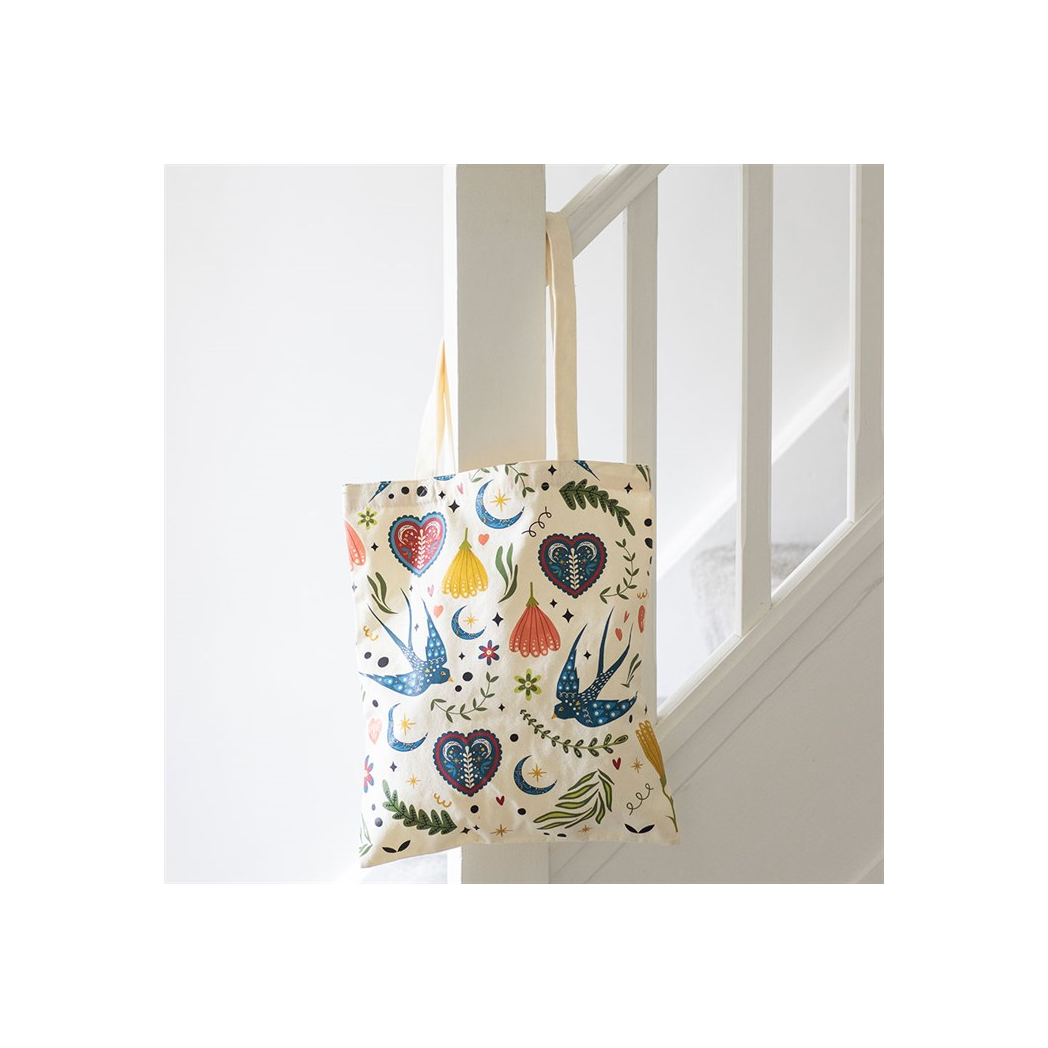 Cream Folk Print Polycotton Tote Bag