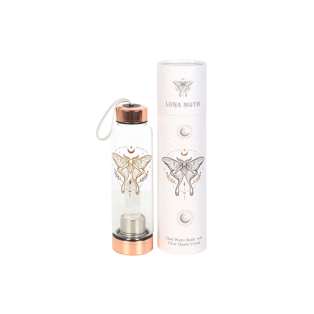 Luna Moth Glass Water Bottle with Clear Quartz Crystal