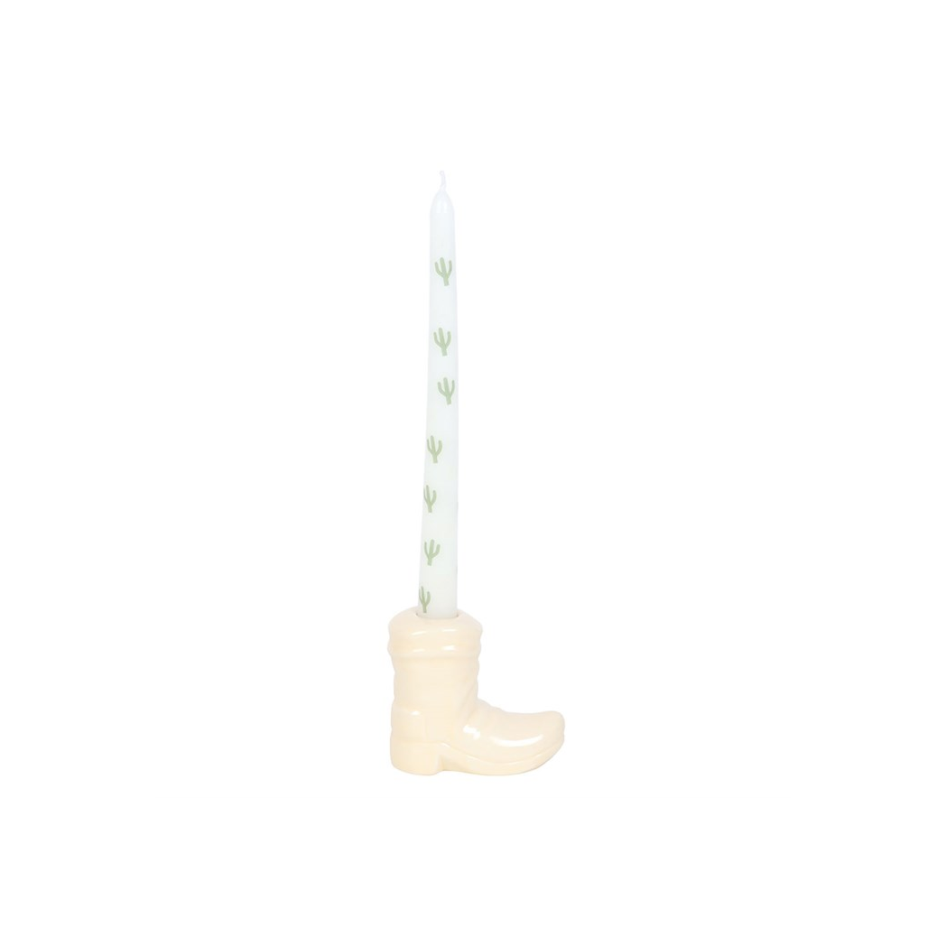 White Cowboy Boot Candle Holder with Taper Candle