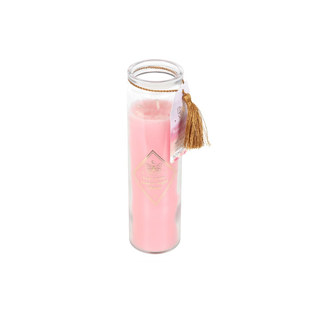 Mystic Rose Tube Candle with Rose Quartz Crystals