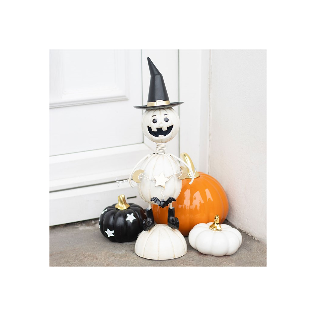 White Metal Pumpkin Man Ornament with Witch Hat