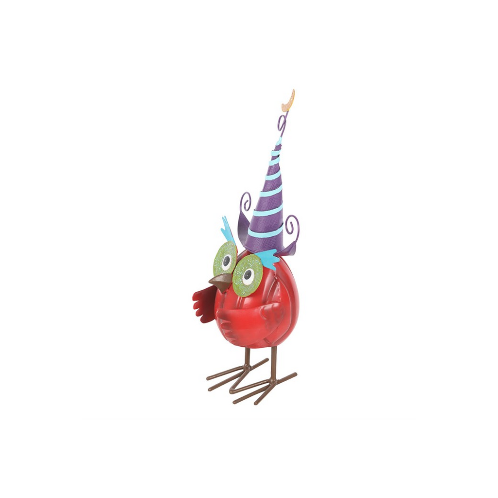 Red Metal Owl Ornament with Witch Hat