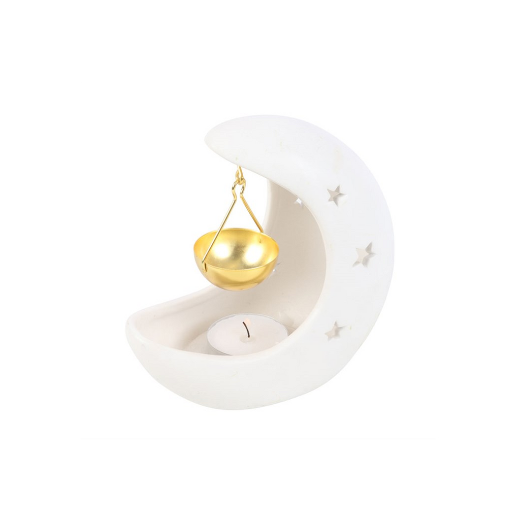 White Crescent Moon Oil Burner with Gold Dish
