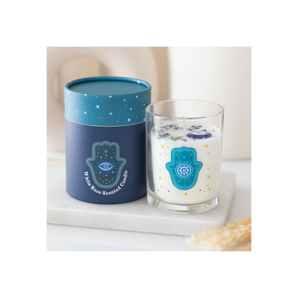 Hand of Hamsa White Rose Candle with Crystals