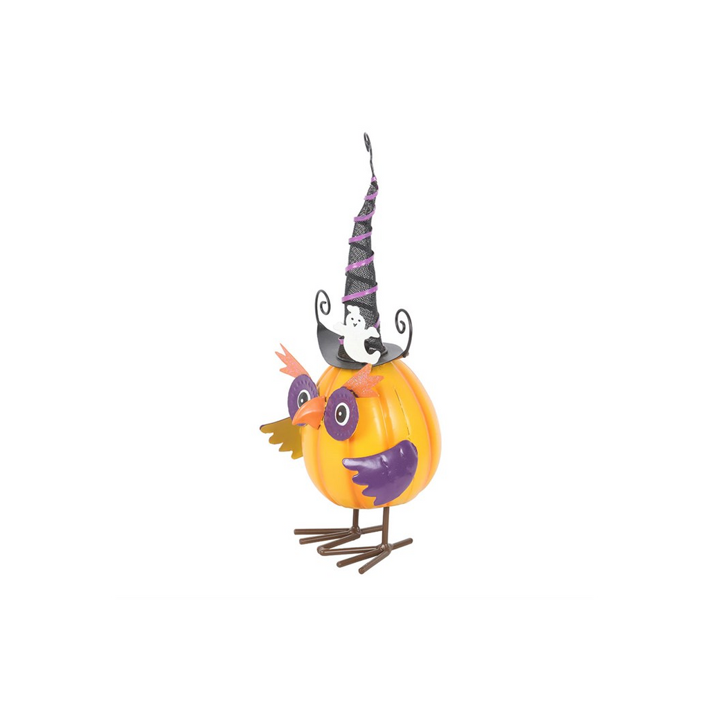 Orange Metal Owl Ornament with Witch Hat and Ghost