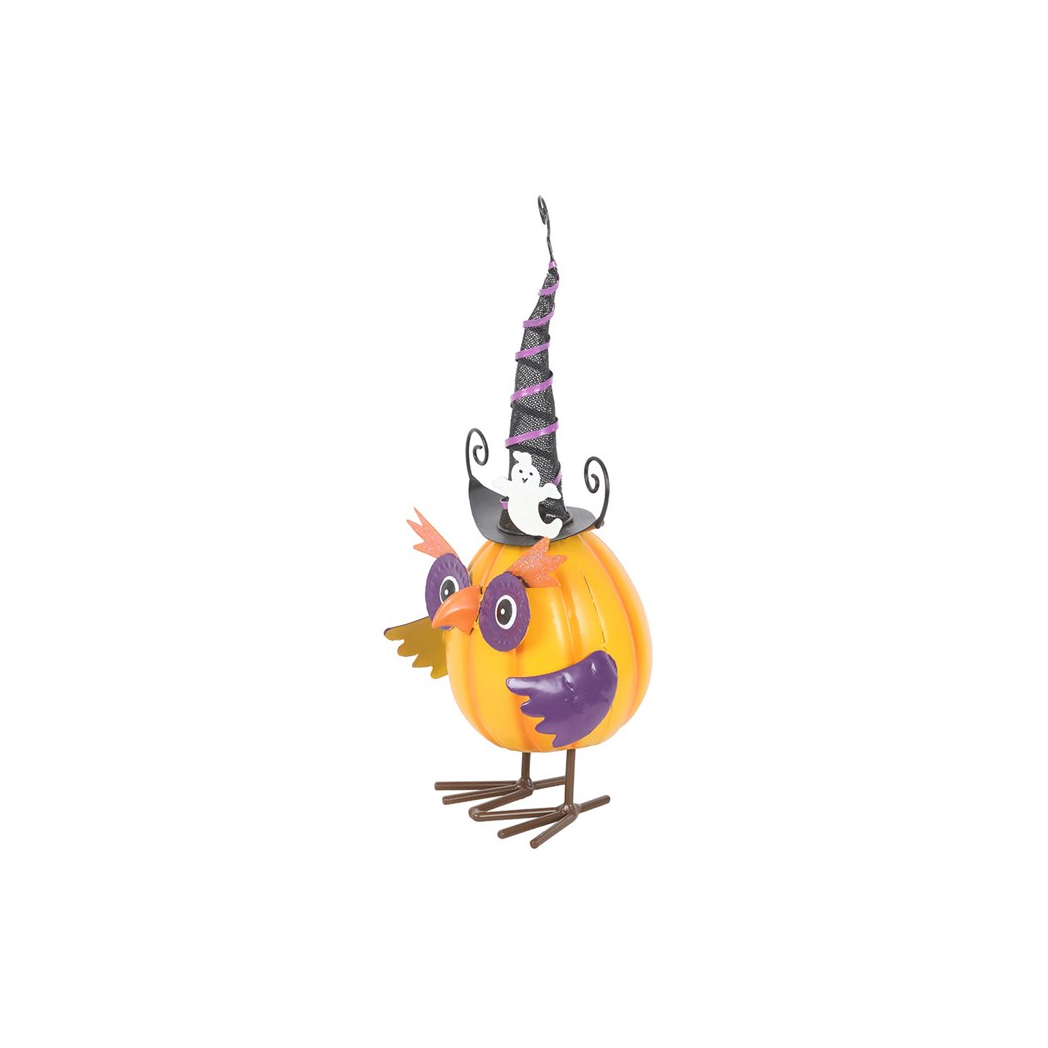 Orange Metal Owl Ornament with Witch Hat and Ghost
