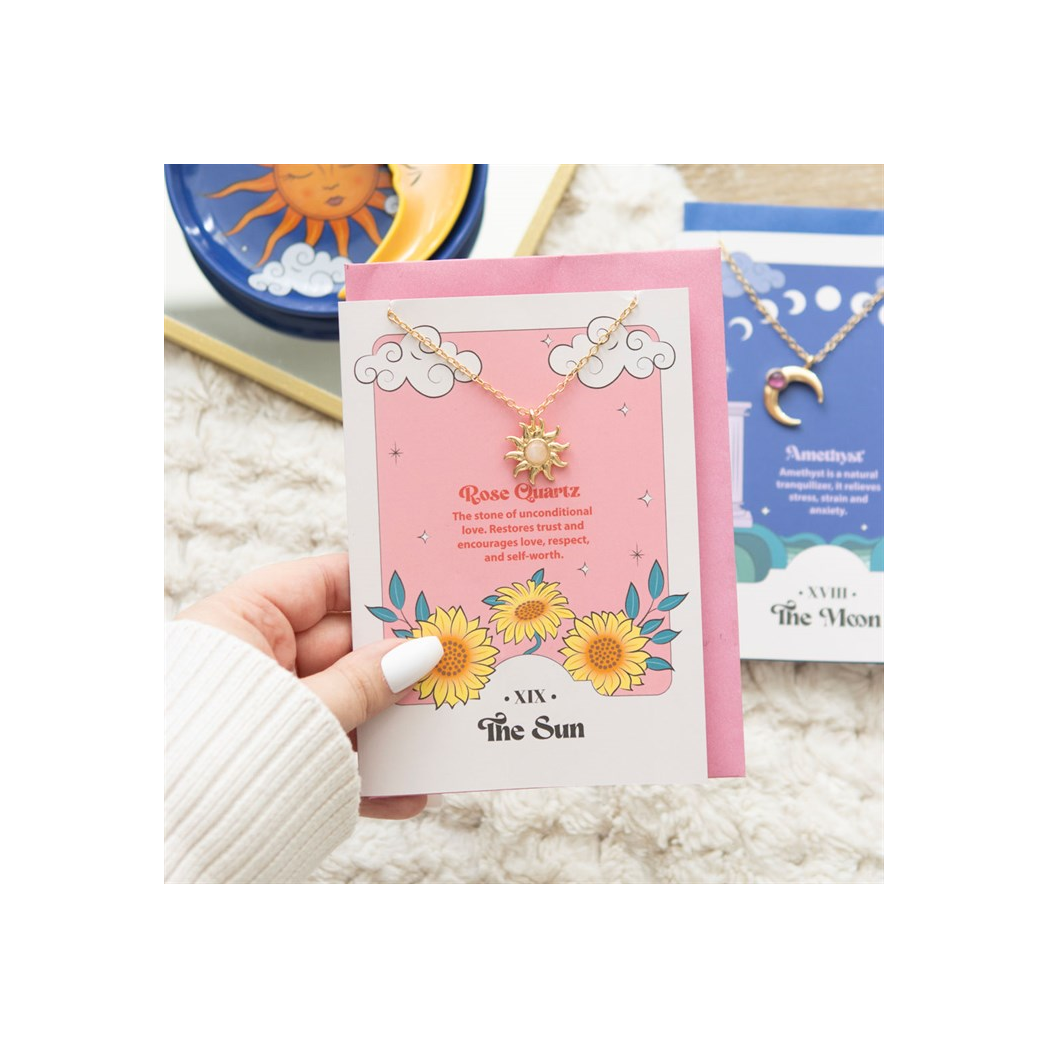 The Sun Celestial Rose Quartz Necklace Card