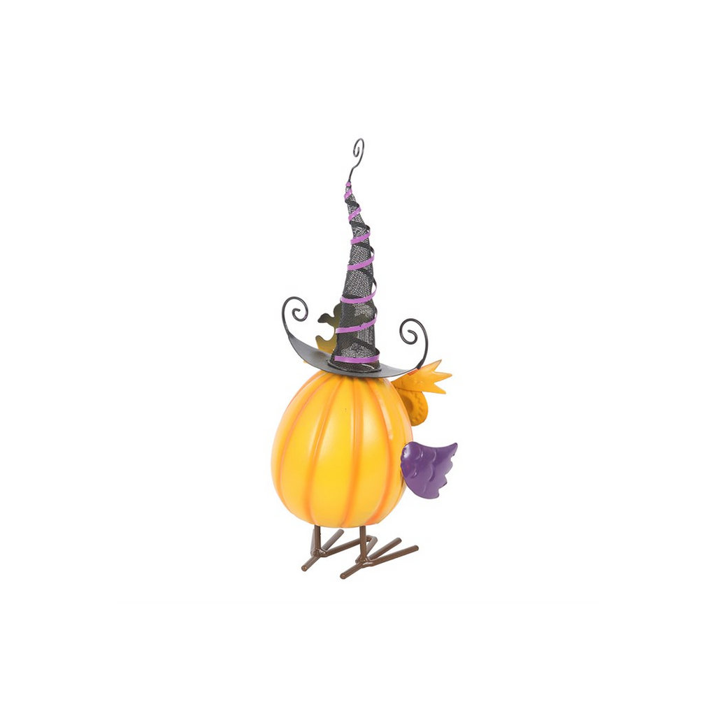 Orange Metal Owl Ornament with Witch Hat and Ghost