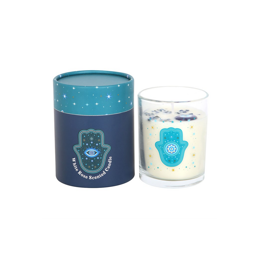 Hand of Hamsa White Rose Candle with Crystals