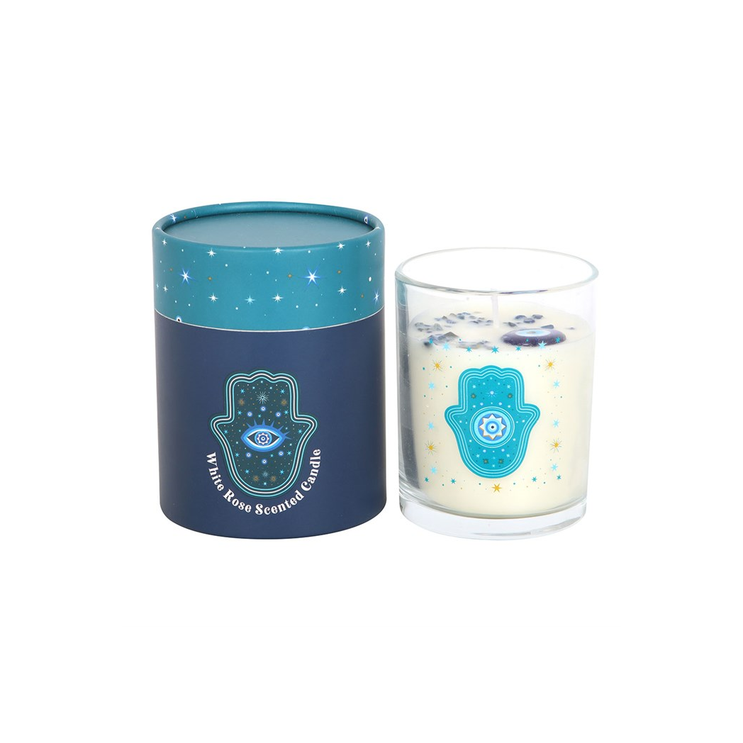 Hand of Hamsa White Rose Candle with Crystals