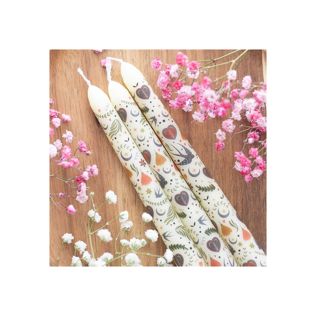 Set of 3 Cream Midnight Bloom Print Taper Candles