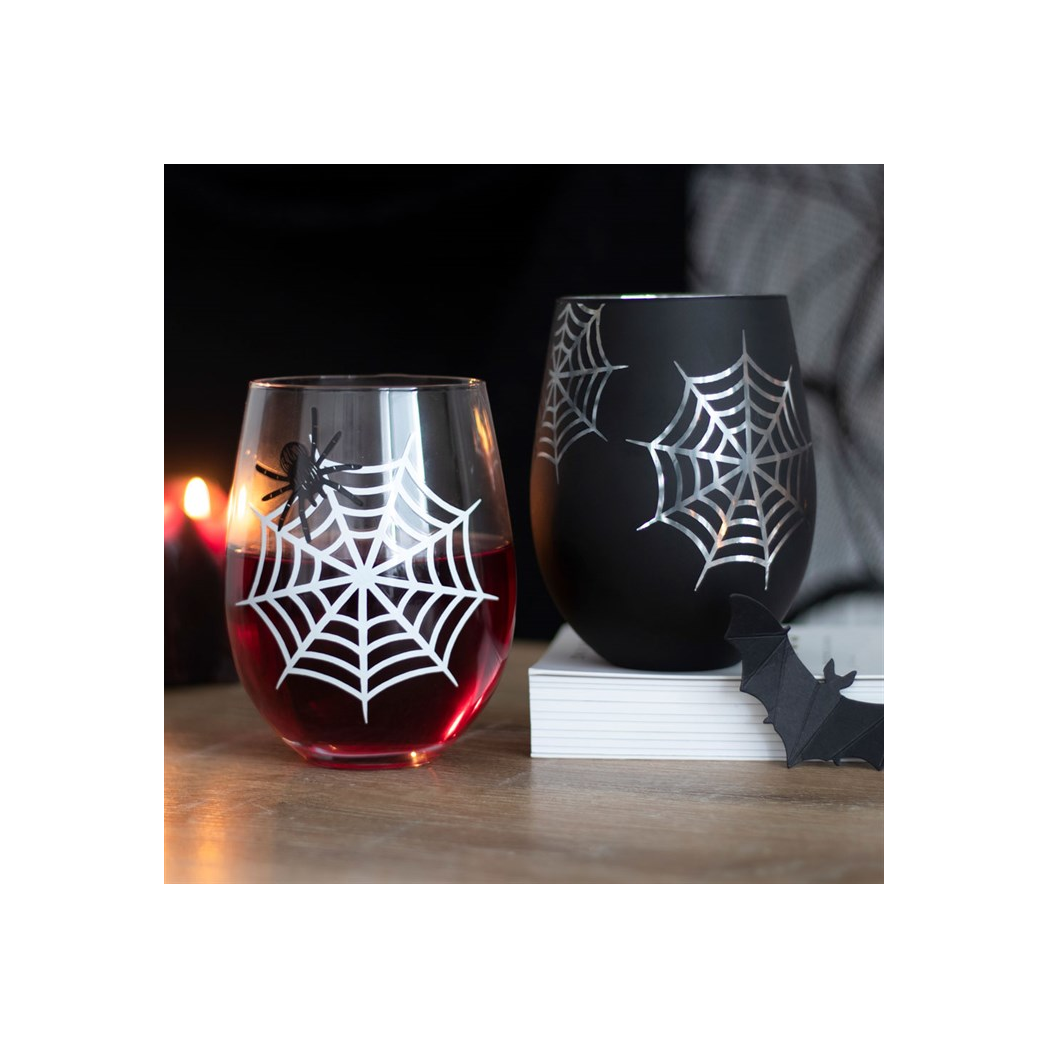 Set of 2 Spider and Web Stemless Wine Glasses