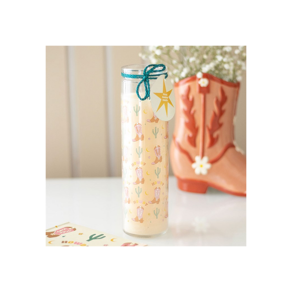 Howdy Cowboy Boot Print Floral Tube Candle